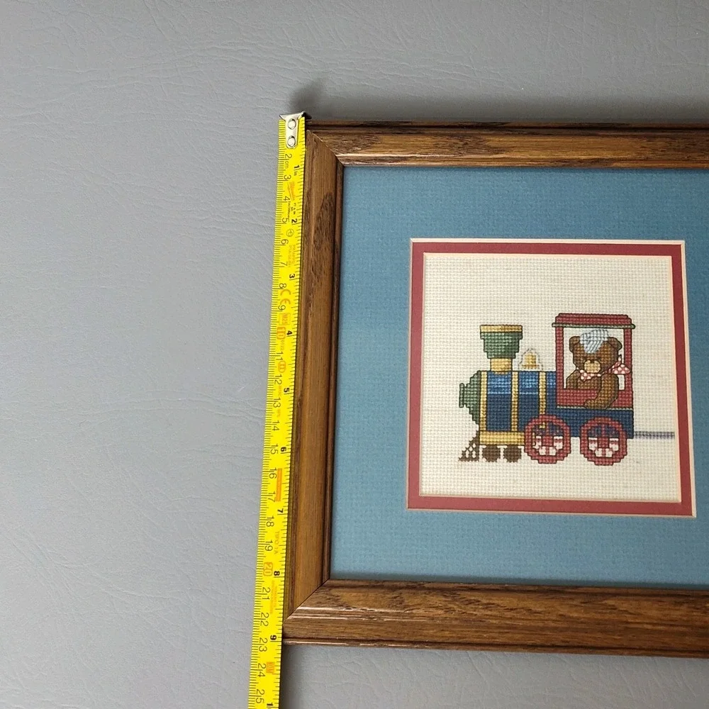 Vintage Framed Cross Stitch Nursery Art Geese Duck Teddy Bear Train Dale Burdett